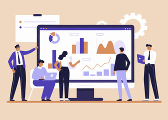 Team Analyzing Data on a Large Computer Screen with Charts and Graphs in a Business Meeting Setting Illustration