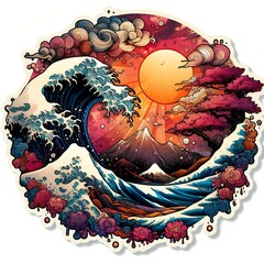 Japanese Wave Art with Sunset and Flowers in Fusion of Ukiyoe Style and Modern Illustration with Generative AI.