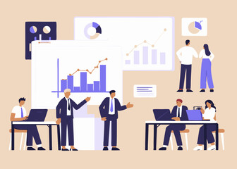 Business Meeting with Data Analysis and Presentation Teamwork and Collaboration in the Office Flat Vector Illustration for Business and Finance