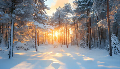 Naklejka premium Winter Forest at Sunset With Snow-Covered Trees and Golden Light
