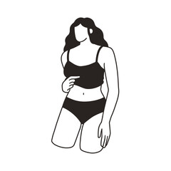 Lingerie on fit female body. Sexy woman in bikini, underwear, bra and panties. Female in bralette and pants in linear contour outline style. Flat vector illustration isolated on white background