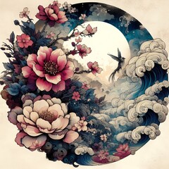Japanese Wave Art with Sunset and Flowers in Fusion of Ukiyoe Style and Modern Illustration with Generative AI.