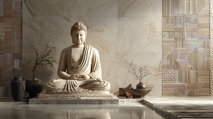 Serene Stone Buddha Carving on Geometric Beige Wall.

