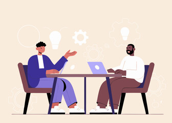 Two Businessmen Collaborating on a Project Brainstorming Ideas and Working Together to Find Creative Solutions in a Modern Office Setting