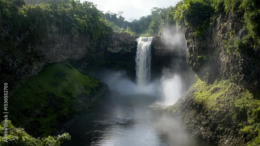 Poster a powerful waterfall cascades into a misty pool surrounded by lush green cliffs and dense jungle veg
