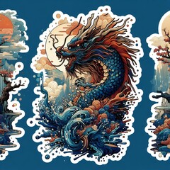Japanese Wave Art with Sunset and Flowers in Fusion of Ukiyoe Style and Modern Illustration with Generative AI.