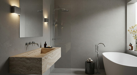 Serene modern bathroom showcasing travertine sink and minimalist design elements
