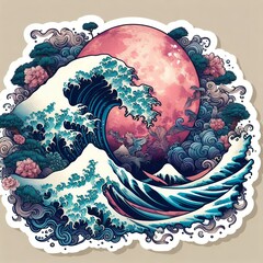 Japanese Wave Art with Sunset and Flowers in Fusion of Ukiyoe Style and Modern Illustration with Generative AI.