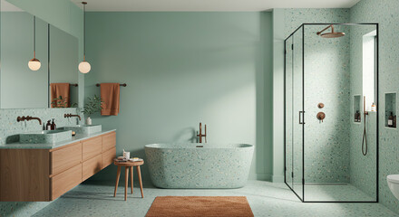 Serene modern bathroom with terrazzo surfaces and natural light ambience