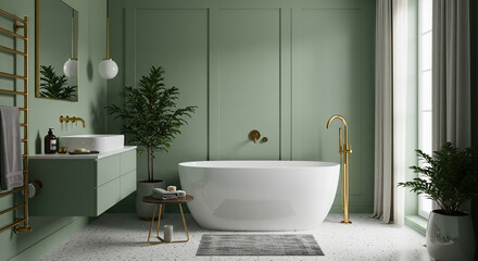 Serene sage green bathroom with modern freestanding tub and opulent gold accents