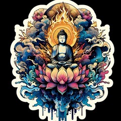 Japanese Wave Art with Sunset and Flowers in Fusion of Ukiyoe Style and Modern Illustration with Generative AI.