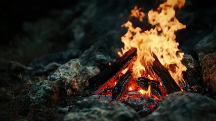 A campfire burns brightly surrounded by rocks, with glowing embers and vibrant flames in an outdoor setting. - Powered by Adobe