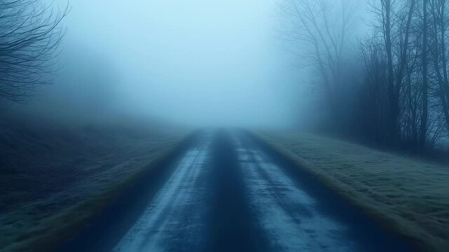Ethereal landscape featuring road vanishing in dense fog with bare trees