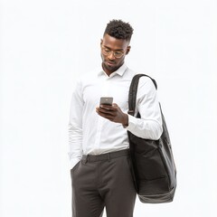 Stylish professional man using smartphone with bag on shoulder against white background for business use