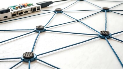 Physical network of blue cables connecting multiple ports on board indicating data transmission and connected architecture.