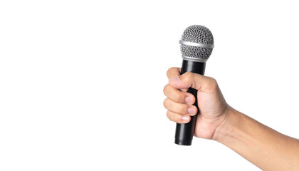 Microphone gripped tightly by hand, transparent backdrop highlighting professional audio equipment for design projects