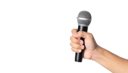 Microphone gripped tightly by hand, transparent backdrop highlighting professional audio equipment for design projects