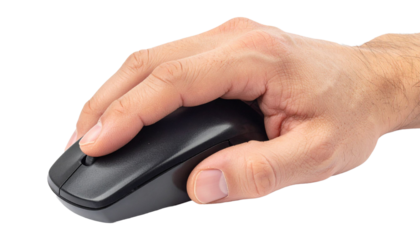 Closeup hand gripping computer mouse, white transparent backdrop highlighting digital interaction and modern workplace connectivity