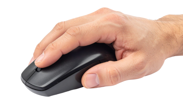Closeup hand gripping computer mouse, white transparent backdrop highlighting digital interaction and modern workplace connectivity