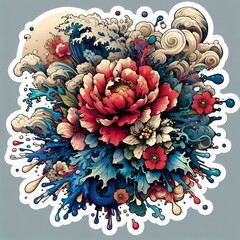 Japanese Wave Art with Sunset and Flowers in Fusion of Ukiyoe Style and Modern Illustration with Generative AI.