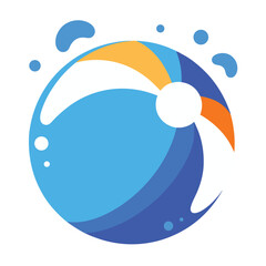 Bright beach ball with splashing water droplets on a gradient blue on white background