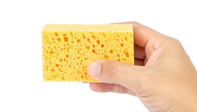 Hand gripping yellow cleaning sponge, isolated against transparent background, ready for graphic design layouts