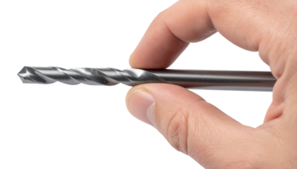 Close up of a worker holding a drill bit, isolated on a transparent background, ideal for easy compositing