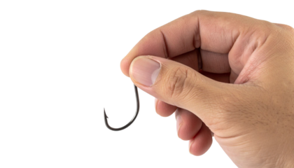 Sharp fishing hook gripped carefully by human hand, suspended against clean transparent backdrop, ready for seamless digital design integration