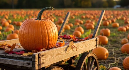 Vibrant Pumpkin in a Rustic Wooden Wagon Surrounded by a Sweeping Pumpkin Patch Under Soft Golden Light in Autumn Season