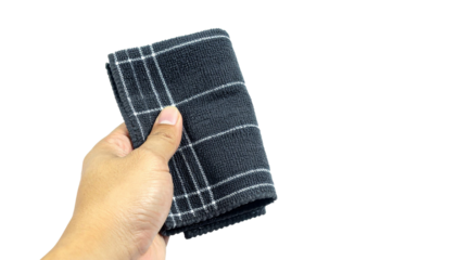 Hand holding microfiber cleaning cloth, revealing intricate texture against white background, ideal for professional lens maintenance