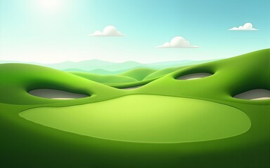 Obraz premium Lush green golf course landscape under a clear sky, showcasing rolling hills and a serene atmosphere. calming rhythms serenity patterns concept. High quality