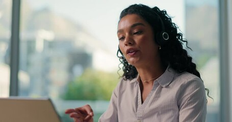 Call center, laptop and advice with business woman in office for consultant, talking and help desk. Feedback, contact us and microphone with employee in telecom agency for customer service and crm - Powered by Adobe