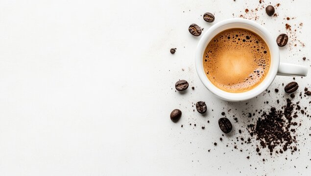 Espresso in white cup, coffee beans, and powder