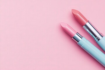 Obraz premium Two pastel-hued lipsticks, light pink and light blue, lie diagonally on a soft pink surface