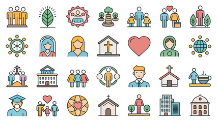 Colored Community Line Icon Set — Editable Stroke Vector

