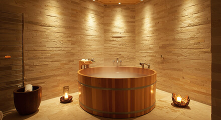 Serene spa retreat with wooden tub and candlelit ambiance for relaxation