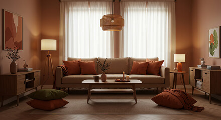 Serene terracotta toned living room showcasing comfort and a modern aesthetic