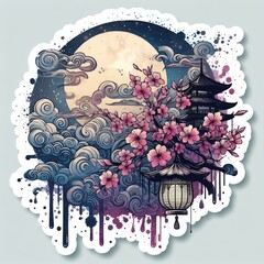 Japanese Wave Art with Sunset and Flowers in Fusion of Ukiyoe Style and Modern Illustration with Generative AI.