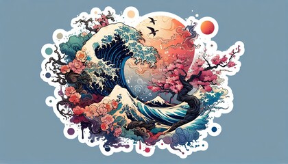 Japanese Wave Art with Sunset and Flowers in Fusion of Ukiyoe Style and Modern Illustration with Generative AI.