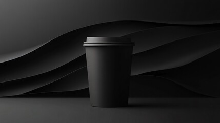 Black Coffee Cup on Dark Background with Curved Paper Waves