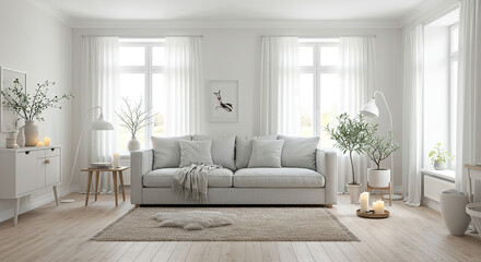 Serene White Living Room Interior With Stylish Furniture And Natural Light