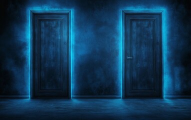 Two Glowing Blue Doors In Dark Room