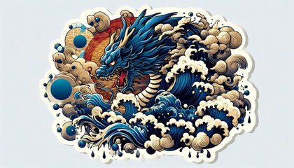 Japanese Wave Art with Sunset and Flowers in Fusion of Ukiyoe Style and Modern Illustration with Generative AI.