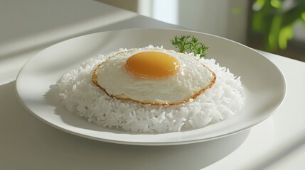 Fried Egg on White Rice with Fresh Garnish in Bright Kitchen Setting