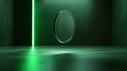 Floating Coin with Green Neon Light in Dark Room Environment
