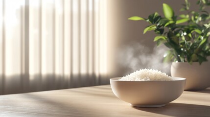 Fresh Steaming Rice in a Bowl on Wooden Table with Plants