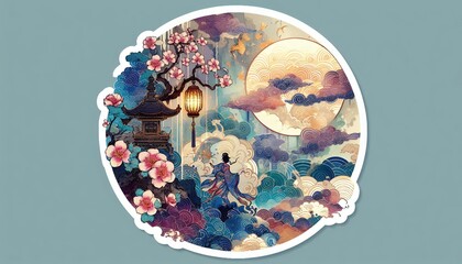 Japanese Wave Art with Sunset and Flowers in Fusion of Ukiyoe Style and Modern Illustration with Generative AI.