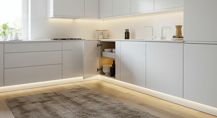 Sleek minimalist kitchen featuring streamlined white cabinets and subtle lighting