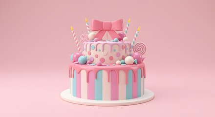 Pink and pastel birthday cake with bow and candles