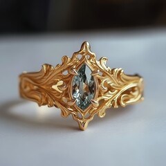 Ornate Gold Ring with Marquise Cut Aquamarine Gemstone Close Up